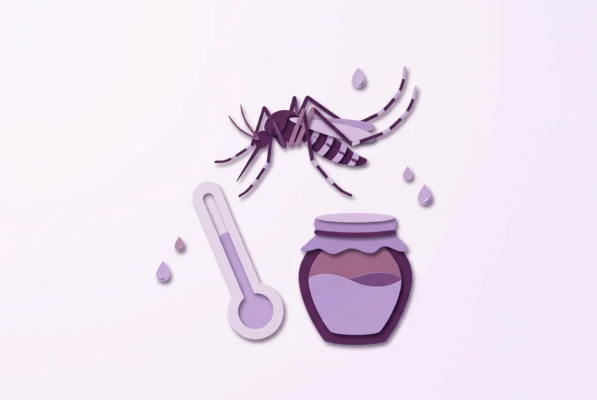 Ilustrasi nyamuk Aedes di atas termometer dan tempayan air tertutup