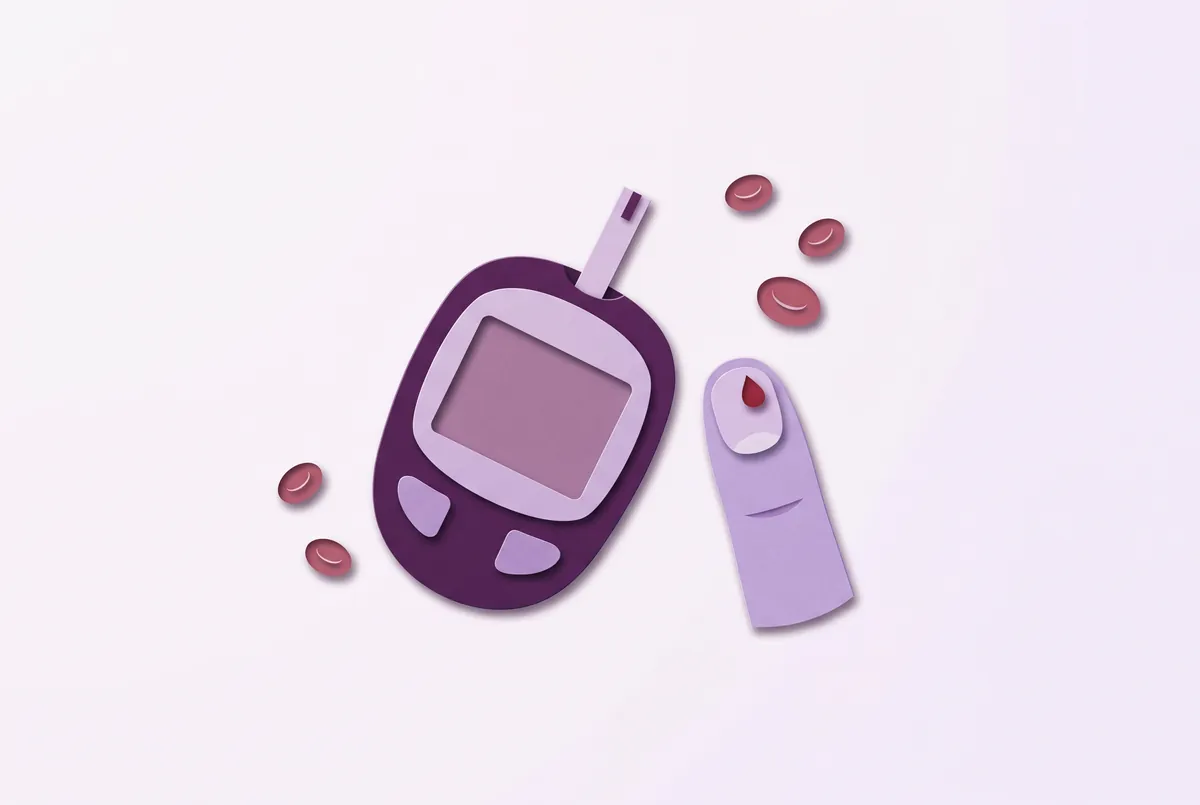 Ilustrasi glukometer dan ujung jari dengan setetes darah